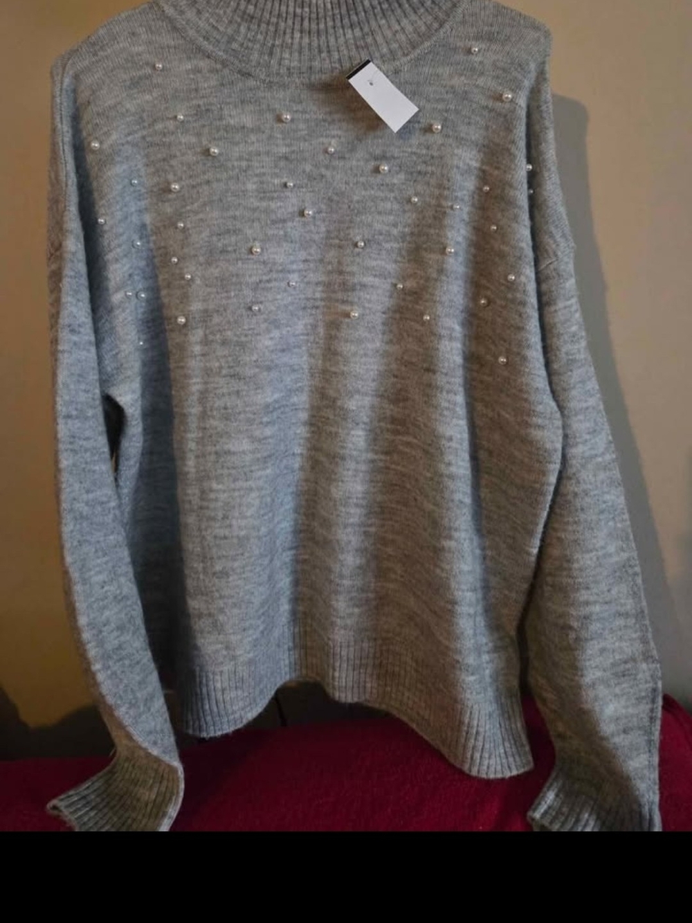 Brand new Grey Turtleneck Sweater with Pearl Accents.Size L.